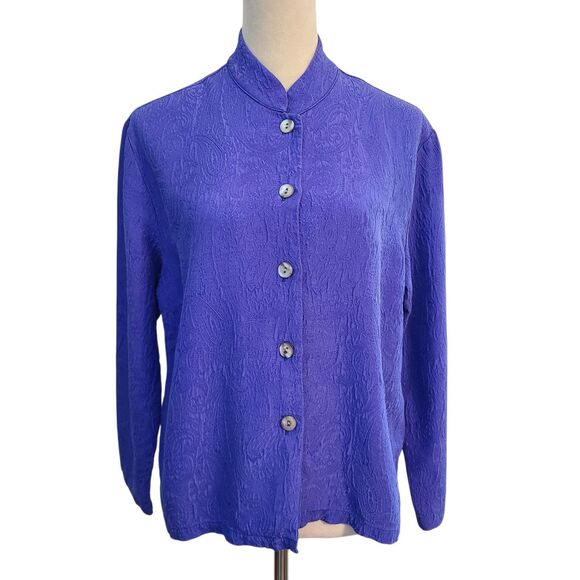 Chico's Tops - Chico's Design Silk Rayon Shirt Jacket Womens 1 (M) Blue Floral Artsy Festival